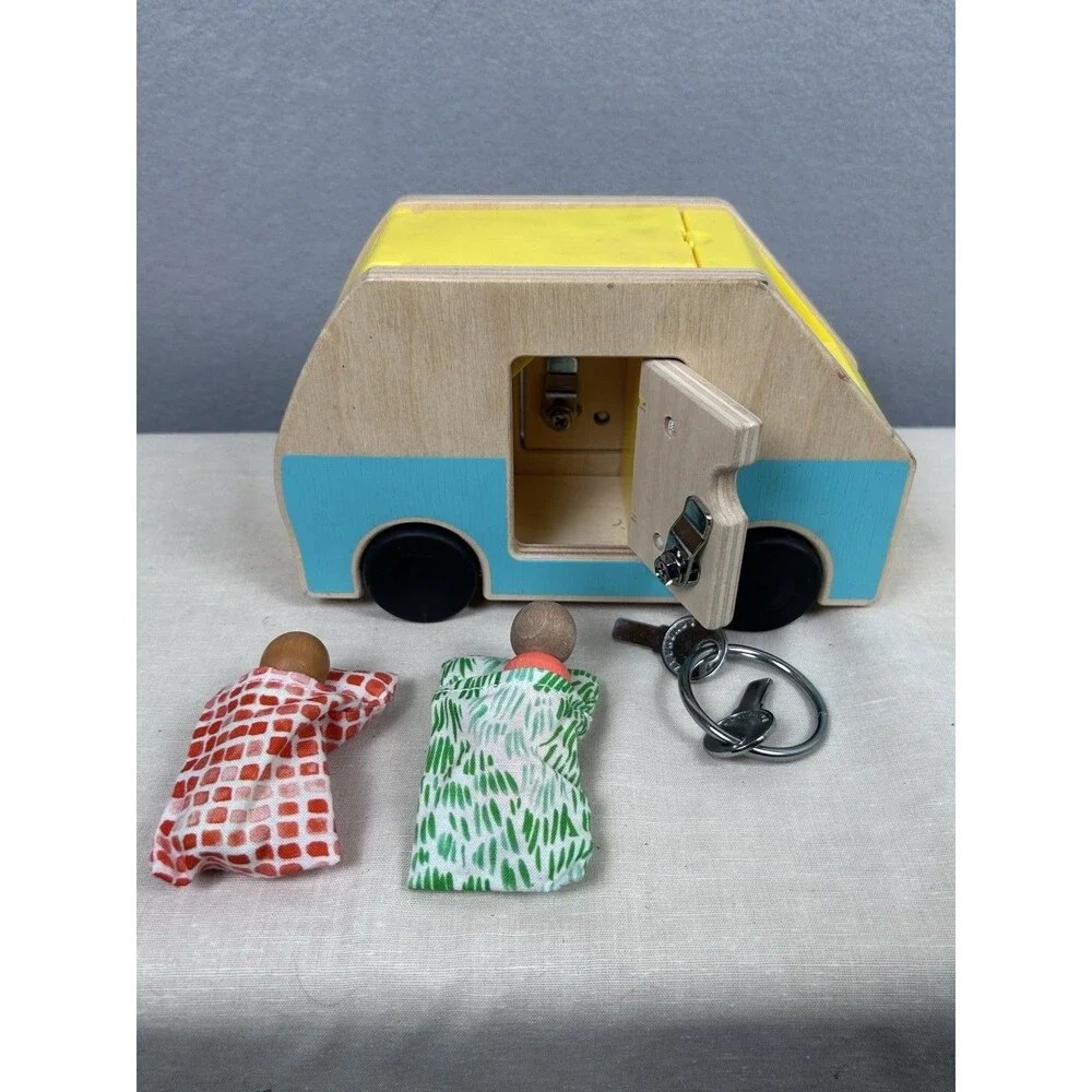 Lovevery Montessori Wooden Camper Van Toy With Keys 2 people & sleeping bags